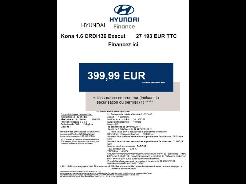 HYUNDAI Kona - 1.6 CRDi 136ch Hybrid 48V Executive DCT-7 - Groupe Polmar