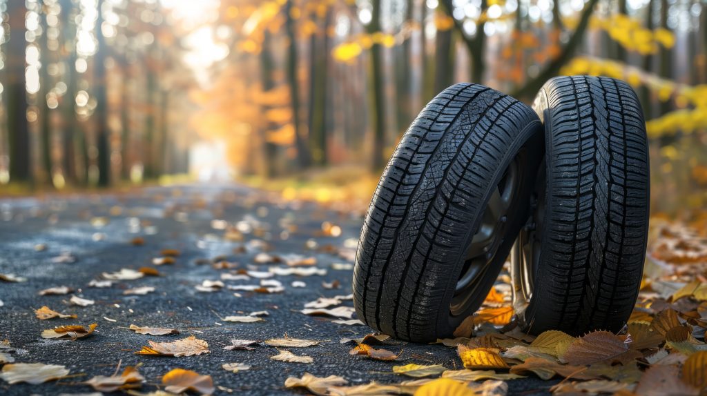 Deux pneus posés sur une route couverte de feuilles d'automne