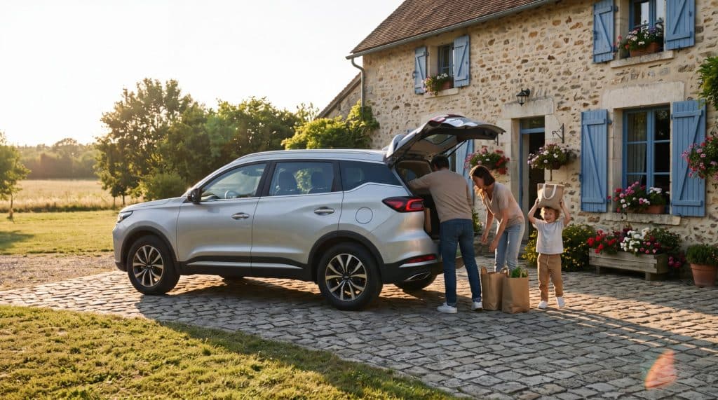 Une famille charge des courses dans le coffre ouvert d'un Chery Tiggo 7