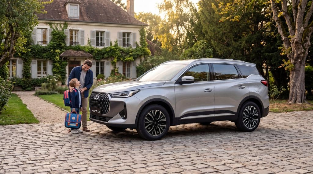 Chery Tiggo 7 gris garé devant une maison, un père et son enfant avec son cartable